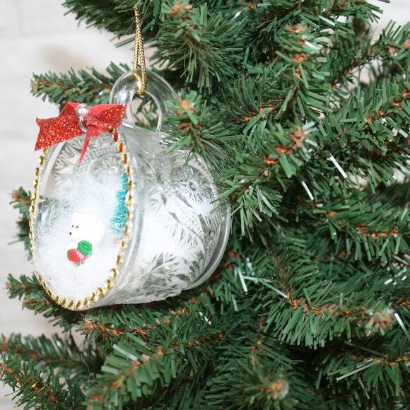 HAND CRAFTED Christmas Ornament Upcyled Teacup Bear Winter Scene Red - Picture 3 of 9